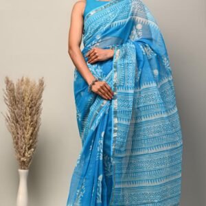 Sky and white flower kota doriya cotton saree with blouse
