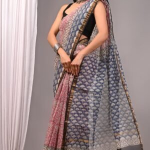 Pink and blue kota doriya cotton saree with blouse