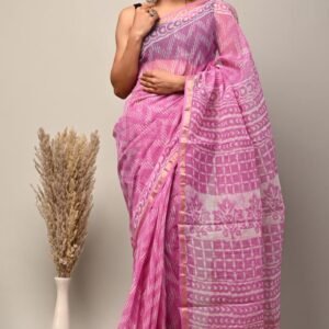Pink and white kota doriya cotton saree with blouse