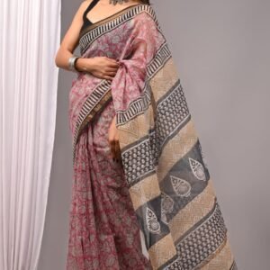 Pink and black flower kota doriya cotton saree with blouse