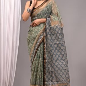 Green flower kota doriya cotton saree with blouse