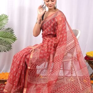 Orange flower kota doriya cotton saree with blouse