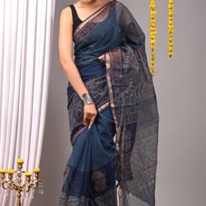 Blue checked kota doriya cotton saree with blouse