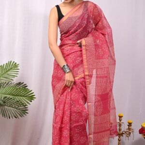 Pink flower kota doriya cotton saree with blouse
