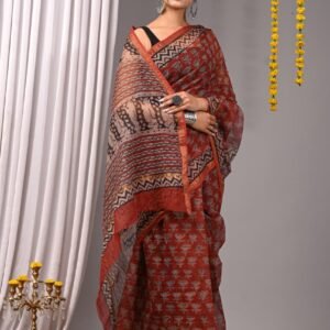 Brick and black kota cotton saree with blouse