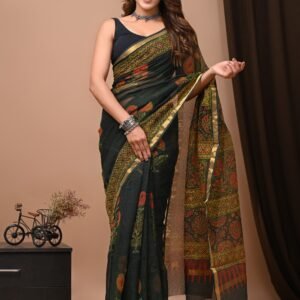 Deep green flower  kota cotton saree with blouse