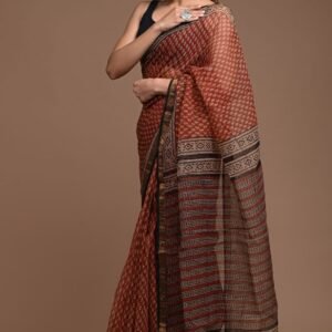 Brick and black kota doriya cotton saree with blouse