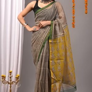 Black and brown checked kota doriya cotton saree with blouse