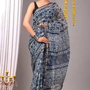 Blue and white kota doriya cotton saree with blouse