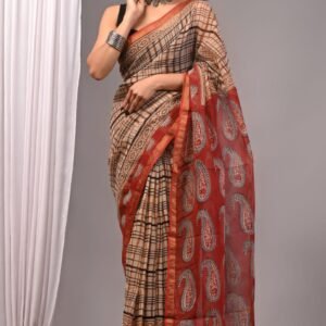 Brown and black checked kota doriya cotton saree with blouse