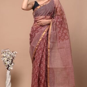 Brown flower kota cotton doriya saree with blouse