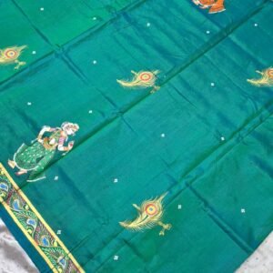 Green shine pattachitra silk saree with blouse