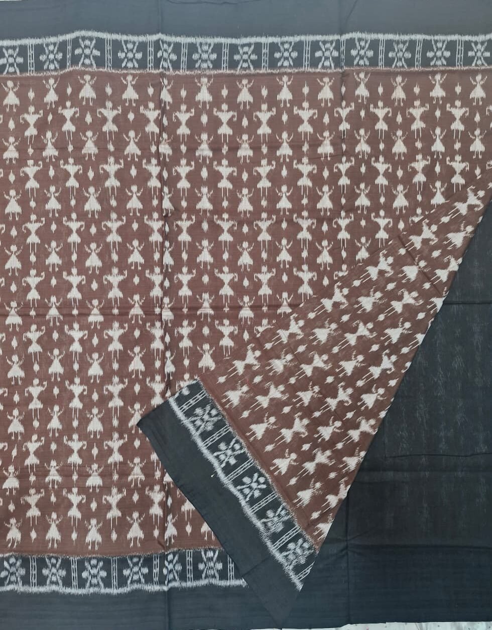Brown and black tribal art pattern sambalpuri cotton saree with blouse - Image 7