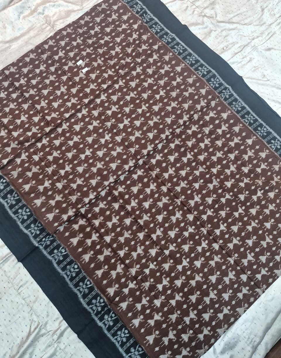 Brown and black tribal art pattern sambalpuri cotton saree with blouse