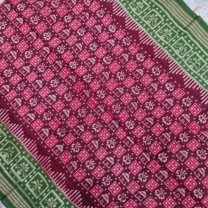Maroon and green flower pattern sambalpuri cotton saree with blouse