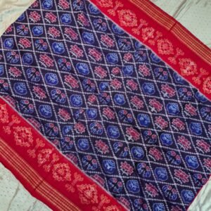 Blue and red lotus with sankha pattern sambalpuri cotton saree