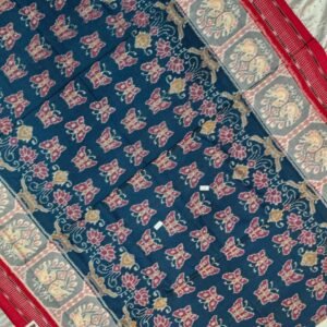 Jungle green and red butterfly pattern sambalpuri cotton saree with blouse