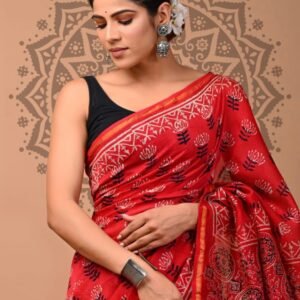 Red chanderi silk saree with zari border