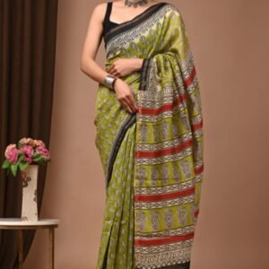 Green chanderi silk saree with zari border