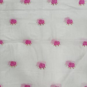 White and pink rose embroidery work mulmul cotton saree