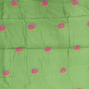 Green and pink rose embroidery work mulmul cotton saree
