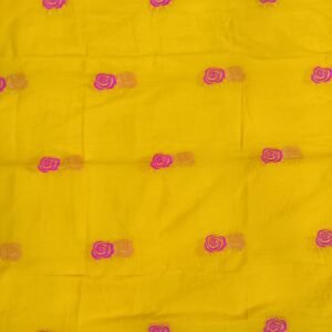 Yellow and pink rose embroidery work mulmul cotton saree