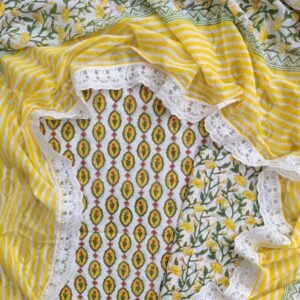 Yellow pure cotton dress material with laced dupatta