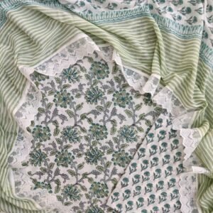 Gray and green flower pattern pure cotton dress material with laced dupatta
