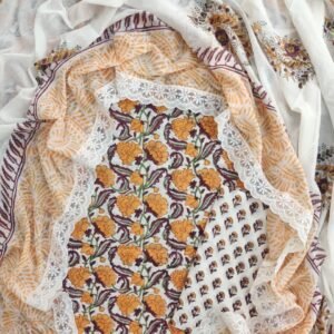Yellow and maroon flower pattern pure cotton dress material with laced dupatta