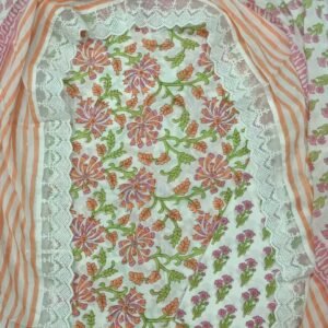 Pink and green flower pattern pure cotton dress material with laced dupatta
