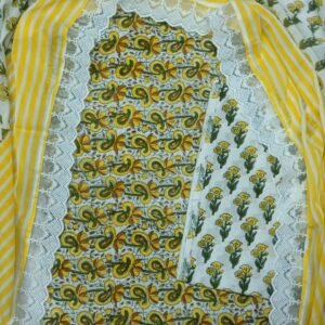 Yellow flower pattern pure cotton dress material with laced dupatta