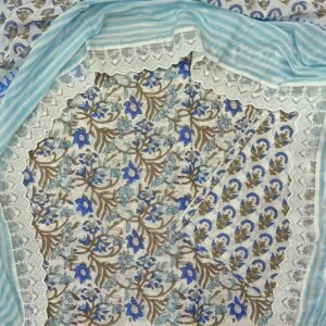Green and blue flower pattern pure cotton dress material with laced dupatta